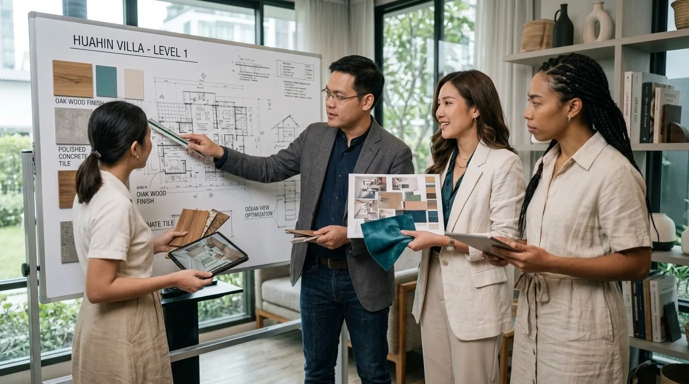 Project team coordinating plans around a meeting table